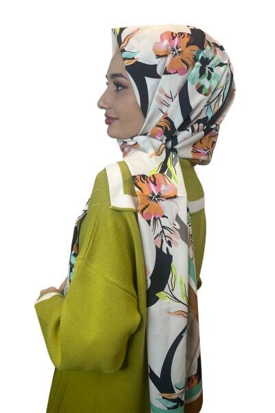 Nef Scarf Dijital Baskı Çiçek Desen Şal 00916 HARDAL