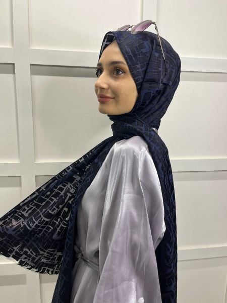 Cosie İthal  Desenli Yakma Şal 00829 LACİVERT