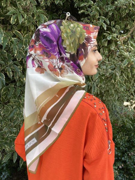 Aker Sport Angel Geometrik Çiçek Desenli Yazlık Eşarp 7800 ZEYTUNİ