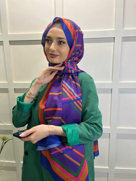 Siyane Renkli Geometrik Desenli Pamuklu Şal 00731 SAKS
