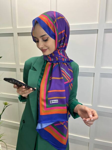 Siyane Renkli Geometrik Desenli Pamuklu Şal 00731 SAKS