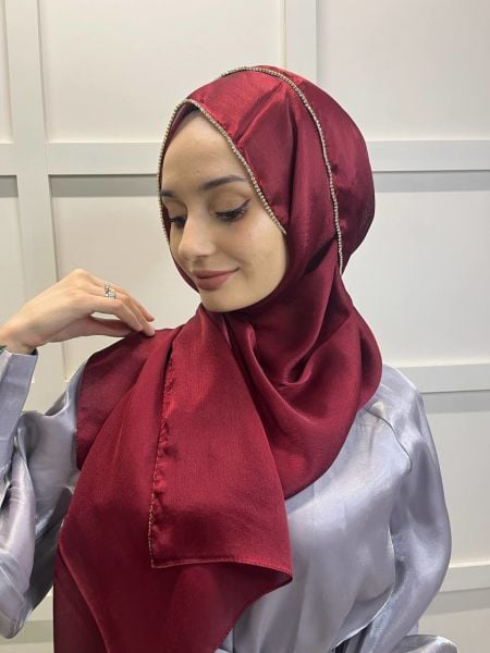 Cosie Taşlı Özel Tasarım Janjan Şal 00908 BORDO