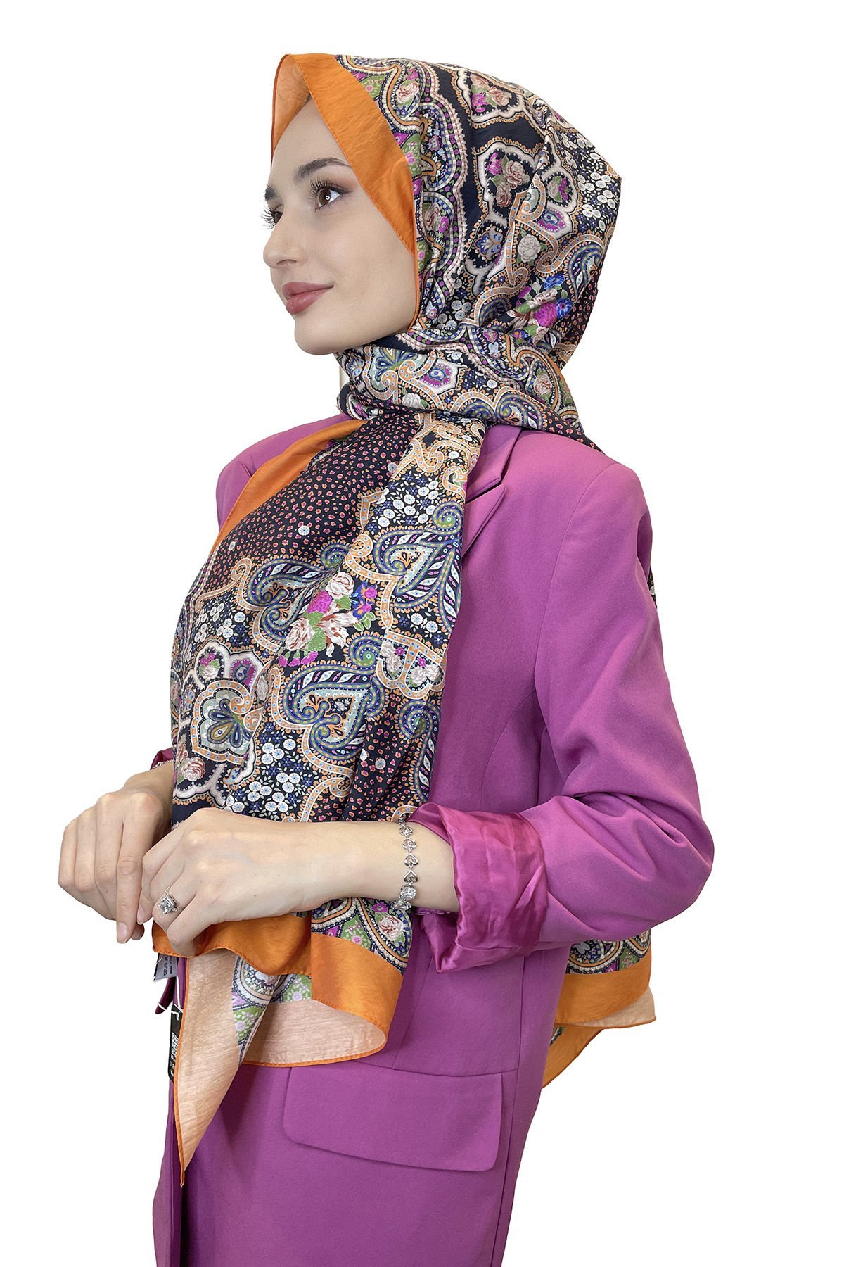 Loryan Scarf Diamond Şal - Mila Etnik Şal Desen İpek Baskı Şal 01165 ORANGE