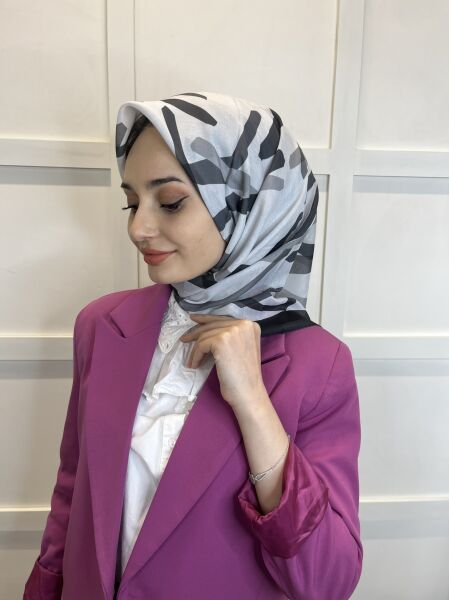 Pamuklu Cotton Eşarp, Eflatun Scarf Desenli Pamuklu Eşarp 01004 SİYAH GRİ