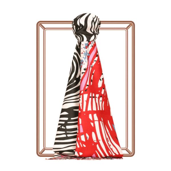 İpekevi Colored Zebra Patterned 100% Silk Shawl 01940 RED