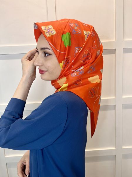 La Boutique Tivil Silk Scarf, 90x90cm, 2024 Spring Summer Patterned 2040 ORANGE