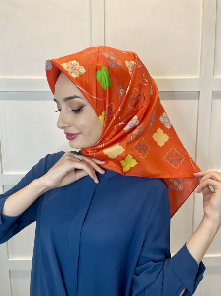 La Boutique Tivil Silk Scarf, 90x90cm, 2024 Spring Summer Patterned 2040 ORANGE