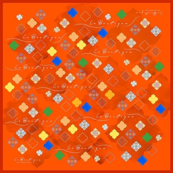 La Boutique Tivil Silk Scarf, 90x90cm, 2024 Spring Summer Patterned 2040 ORANGE
