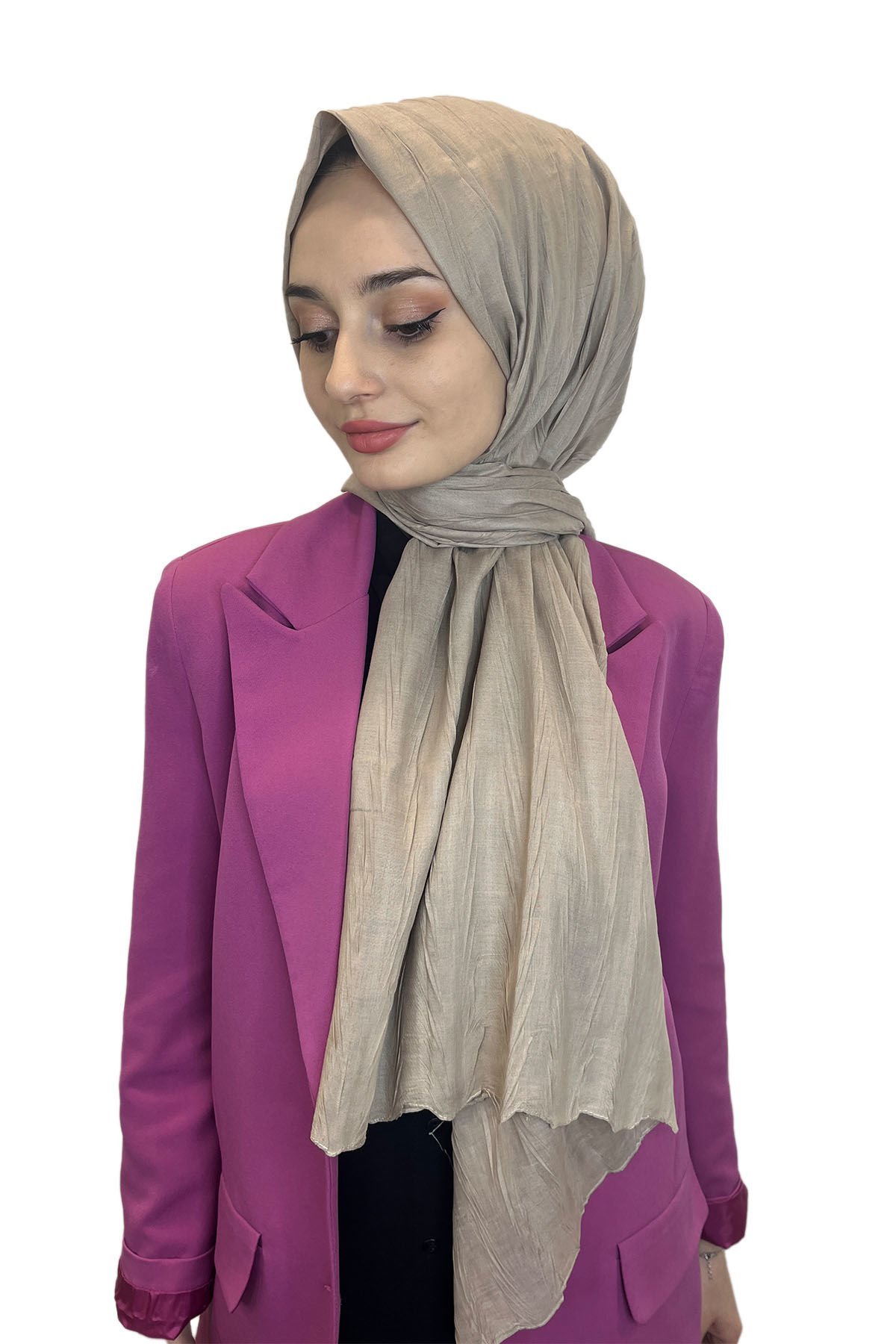 Shecarf Piliseli Bambu Kraş Şal, Shawl Secret Ağaç Kabuğu Desen Pliseli Bambu Şal 001001 VİZON