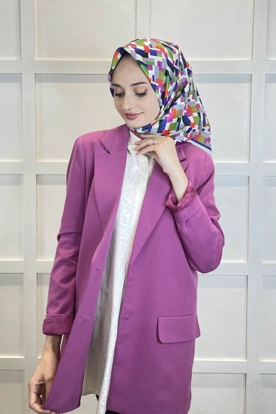 Shecarf Quare Rayon Eşarp - Desenli Avangard Eşarp - Dijital Baskı - Kadın Tesettür 01102 FUŞYA