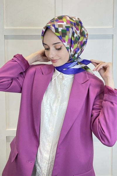 Shecarf Quare Rayon Eşarp - Desenli Avangard Eşarp - Dijital Baskı - Kadın Tesettür 01102 MOR