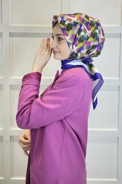 Shecarf Quare Rayon Eşarp - Desenli Avangard Eşarp - Dijital Baskı - Kadın Tesettür 01102 MOR