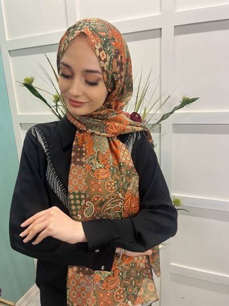 Esenya Scarf Otantik Desen Pamuk Soft Şal 00741 YEŞİL
