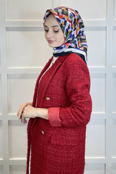 Shecarf Quare Rayon Eşarp - Desenli Avangard Eşarp - Dijital Baskı - Kadın Tesettür 01102 SİYAH