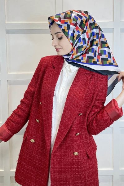 Shecarf Quare Rayon Eşarp - Desenli Avangard Eşarp - Dijital Baskı - Kadın Tesettür 01102 SİYAH