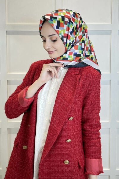 Shecarf Quare Rayon Eşarp - Desenli Avangard Eşarp - Dijital Baskı - Kadın Tesettür 01102 KIRMIZI