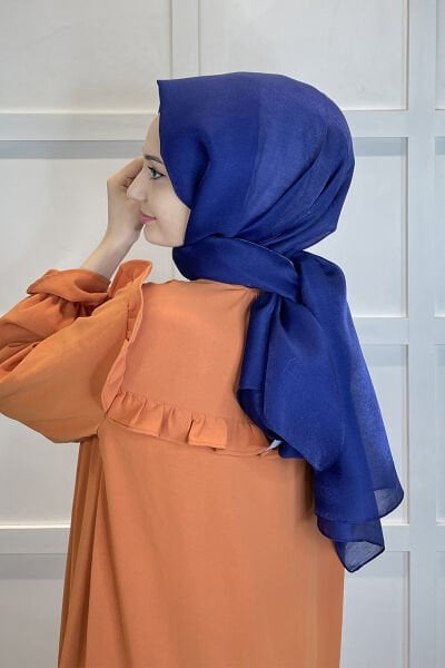 Siyane Scarf Tül Görünümlü Şal - Pırlanta Abiye Düğünlük Şal 00790 KOYU SAKS