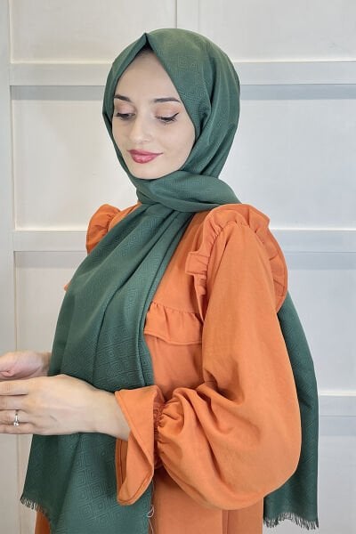 Siyane Scarf Cotton Jacquard Shawl - Patterned - Single Color Jacquard Shawl 001007 EMERALD