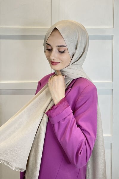 Siyane Scarf Pamuk Jakar Şal  - Desenli - Tek Renk Jakarlı Şal 001007 BEJ