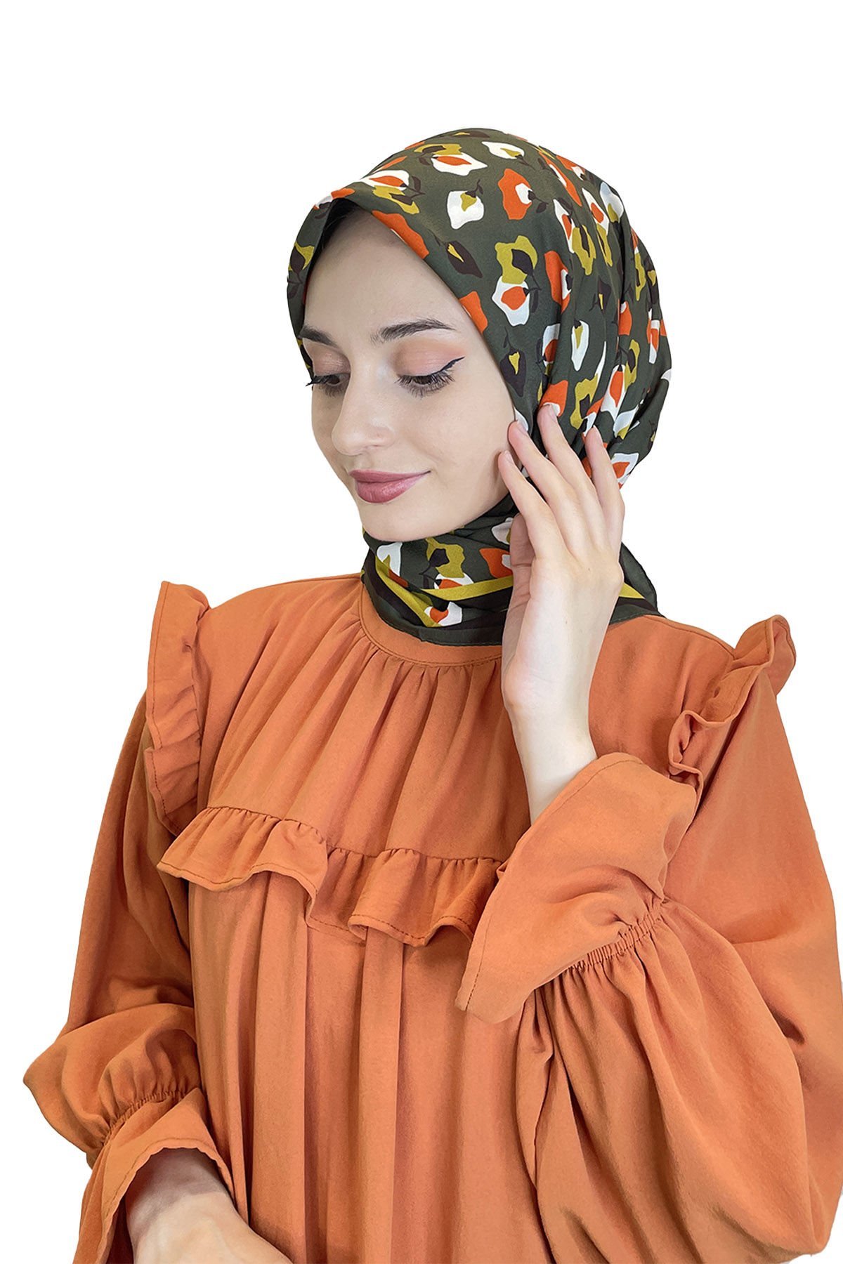 Cardion Gold Digital Print Twill Scarf - Carnation Pattern 01109 KHAKI