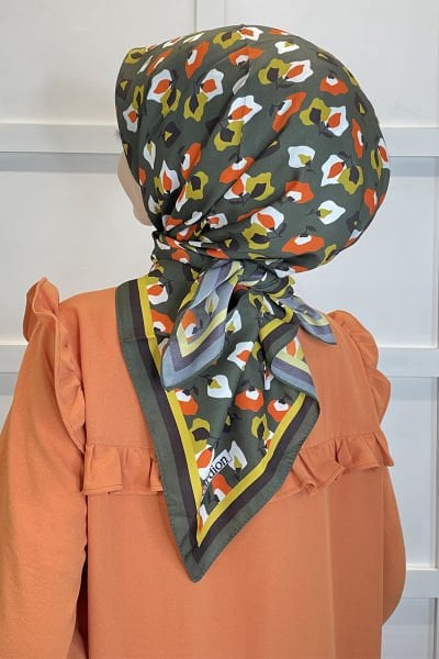 Cardion Gold Digital Print Twill Scarf - Carnation Pattern 01109 KHAKI