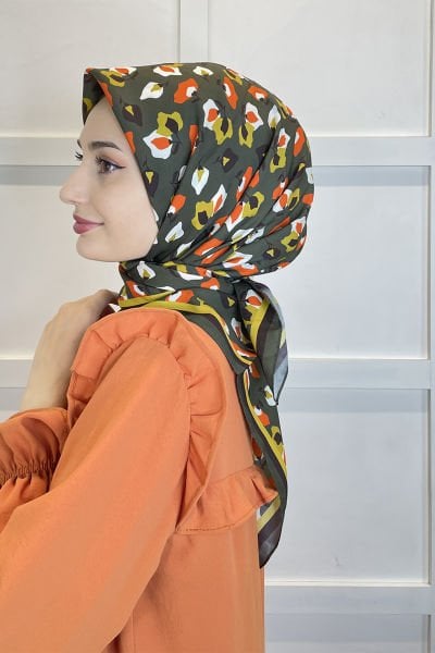 Cardion Gold Digital Print Twill Scarf - Carnation Pattern 01109 KHAKI
