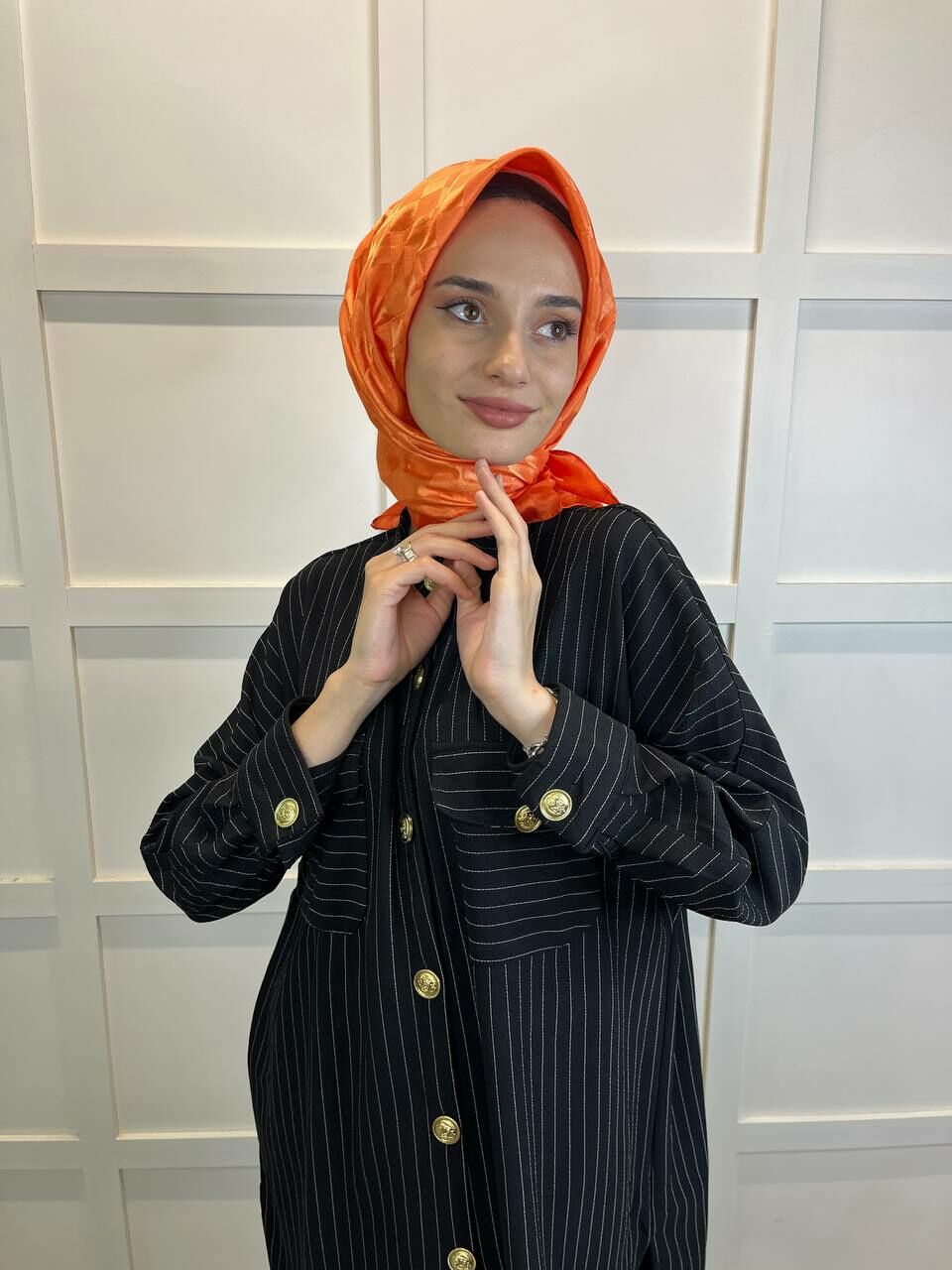 Hint İpek Dama Desenli Monogram Eşarp 00677 ORANGE