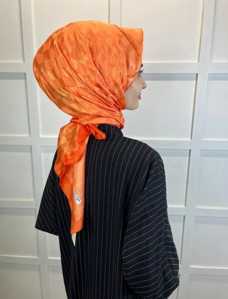 Indian Silk Checkerboard Patterned Monogram Scarf 00677 ORANGE