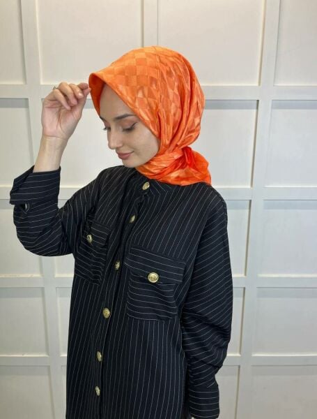 Hint İpek Dama Desenli Monogram Eşarp 00677 ORANGE