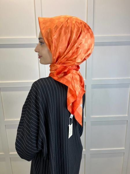 Indian Silk Checkerboard Patterned Monogram Scarf 00677 ORANGE
