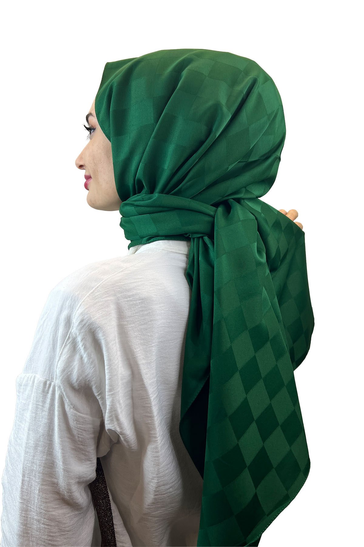 Siyane Scarf Jakarlı Şal, Dama Desenli, Hafif Parlak 00969 ZÜMRÜT