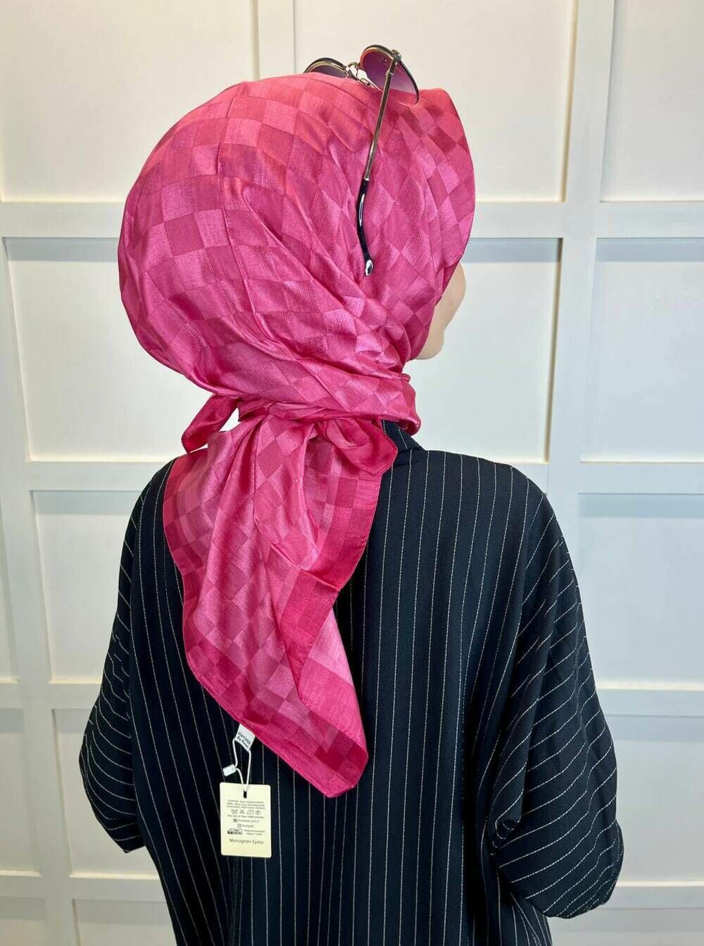 Hint İpek Dama Desenli Monogram Eşarp 00677 FUŞYA