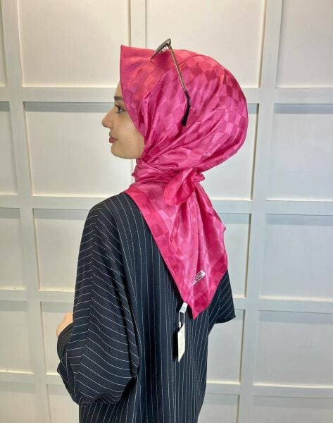 Indian Silk Checkerboard Patterned Monogram Scarf 00677 Fuchsia