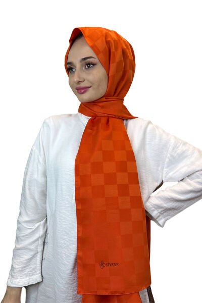 Siyane Scarf Jakarlı Şal, Dama Desenli, Hafif Parlak 00969 ORANGE