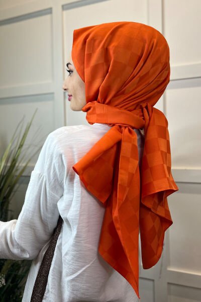 Siyane Scarf Jakarlı Şal, Dama Desenli, Hafif Parlak 00969 ORANGE