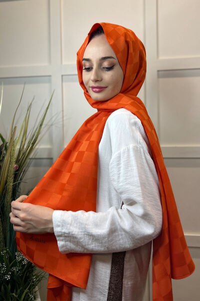 Siyane Scarf Jakarlı Şal, Dama Desenli, Hafif Parlak 00969 ORANGE