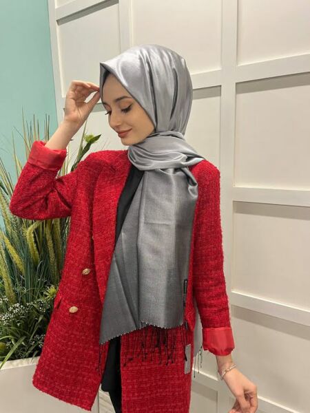 İpekevi Çift Taraflı İpek Şal - Classic Tek Renk Çift Taraflı Şal 00927 GÜMÜŞ
