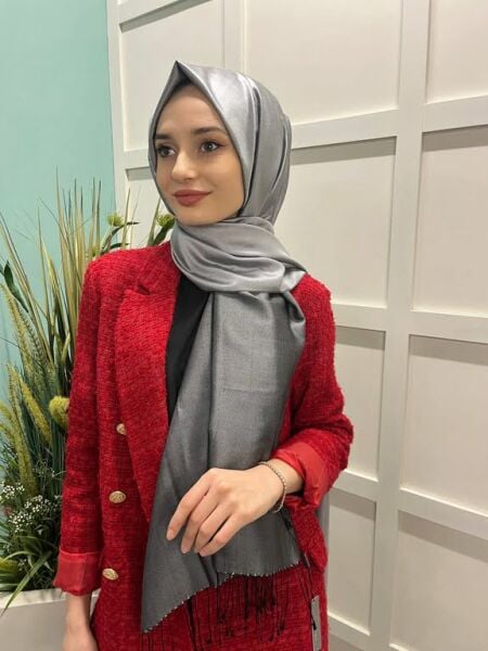 İpekevi Çift Taraflı İpek Şal - Classic Tek Renk Çift Taraflı Şal 00927 GÜMÜŞ