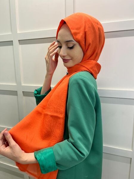 İpekevi Blend Şal - Dört Mevsim Monogram Desenli Tek Renk İpek Karışımlı Şal 4391 TURUNCU