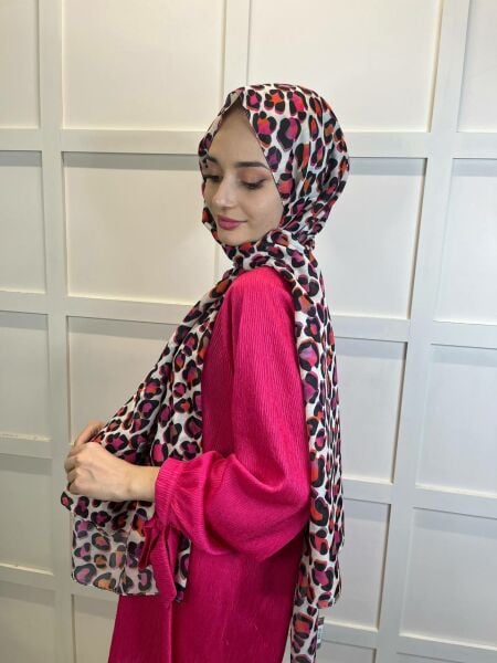 Siyane Scarf Leopar Desenli, Ütü İstemeyen, Pamuklu Şal 00898 FUŞYA