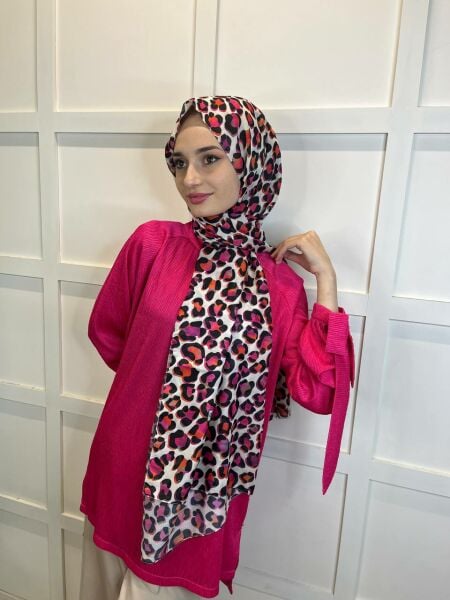 Siyane Scarf Leopar Desenli, Ütü İstemeyen, Pamuklu Şal 00898 FUŞYA