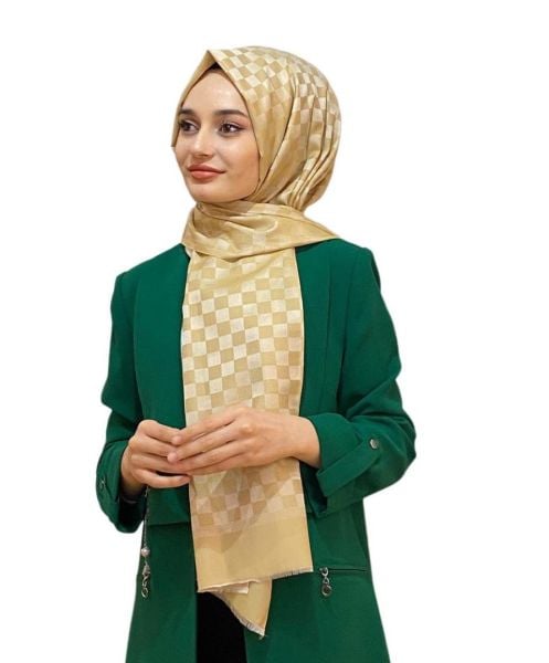 İpekevi Blend Şal - İpek Pamuk Karışımlı Tek Renk Dama Desenli Şal 6683 GOLD