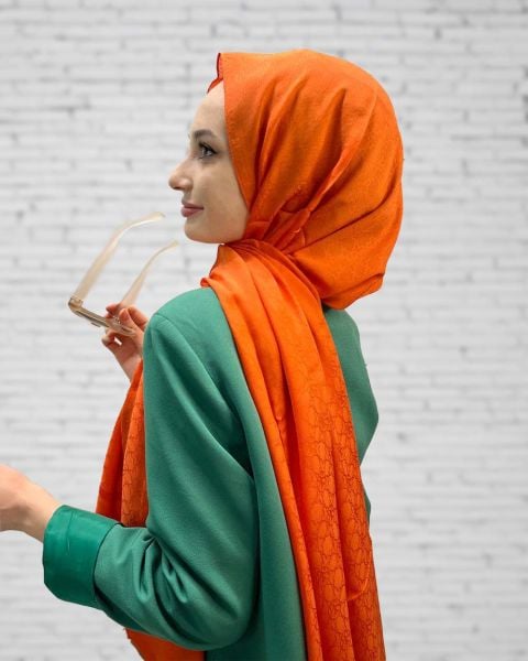 İpekevi Blend Şal - Dört Mevsim Mini Seljuk Desenli Tek Renk İpek Modal Monogram Şal 4393 TURUNCU