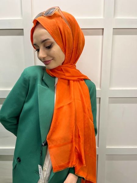 İpekevi Blend Şal - Dört Mevsim Mini Seljuk Desenli Tek Renk İpek Modal Monogram Şal 4393 TURUNCU