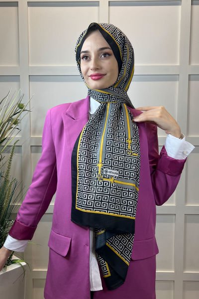 Siyane Scarf Pamuk Soft Şal, Renkli Geometrik Desenli, Kırışmaya Dayanıklı 00972 SARI