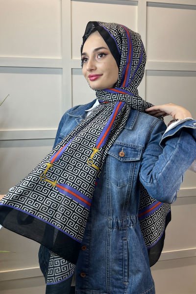 Siyane Scarf Pamuk Soft Şal, Renkli Geometrik Desenli, Kırışmaya Dayanıklı 00972 LİLA