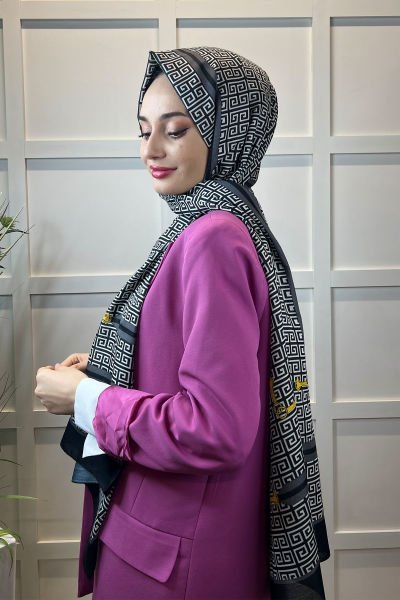 Siyane Scarf Pamuk Soft Şal, Renkli Geometrik Desenli, Kırışmaya Dayanıklı 00972 GRİ