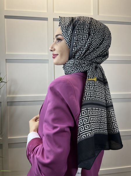 Siyane Scarf Pamuk Soft Şal, Renkli Geometrik Desenli, Kırışmaya Dayanıklı 00972 GRİ