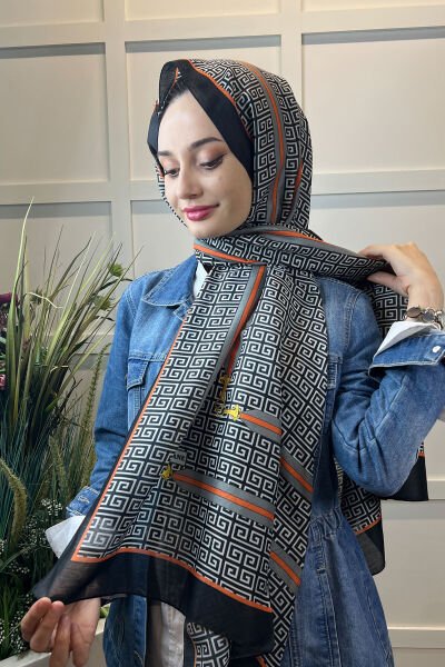 Siyane Scarf Pamuk Soft Şal, Renkli Geometrik Desenli, Kırışmaya Dayanıklı 00972 PORTAKAL RENGİ