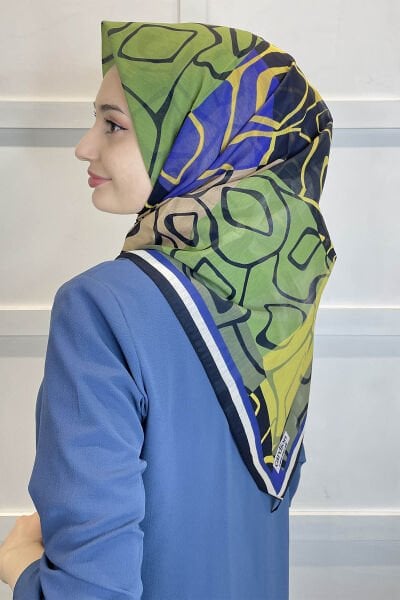 Cardion Cotton Silk Scarf - Geometric Patterned Summer Coolness Scarf 01111 OIL GREEN